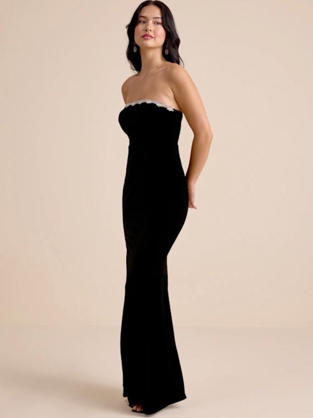 Lulu's Black Strapless Velvet Dress with Rhinestone Trim